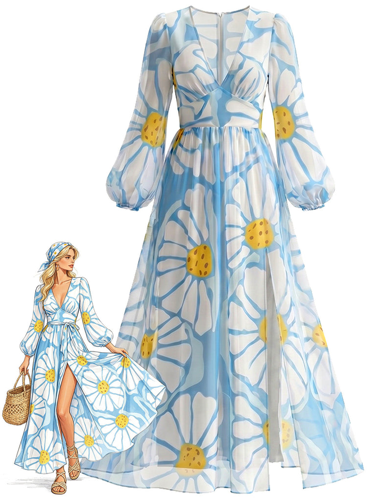 [Prévente] Robe Bleu Col V Big Daisy Imprimé Fendu Maxi Années 1970
