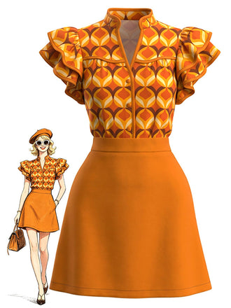 Robe orange motif géométrique col montant volants années 60