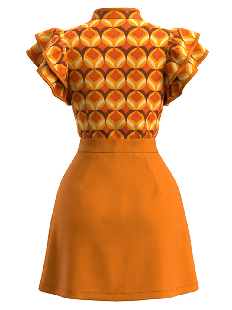 Robe orange motif géométrique col montant volants années 60
