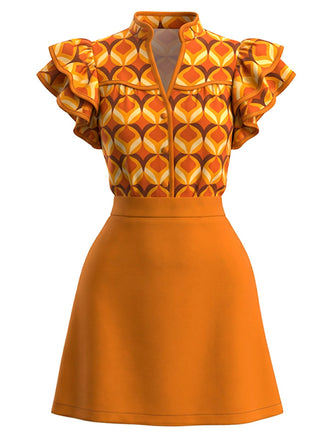 Robe orange motif géométrique col montant volants années 60