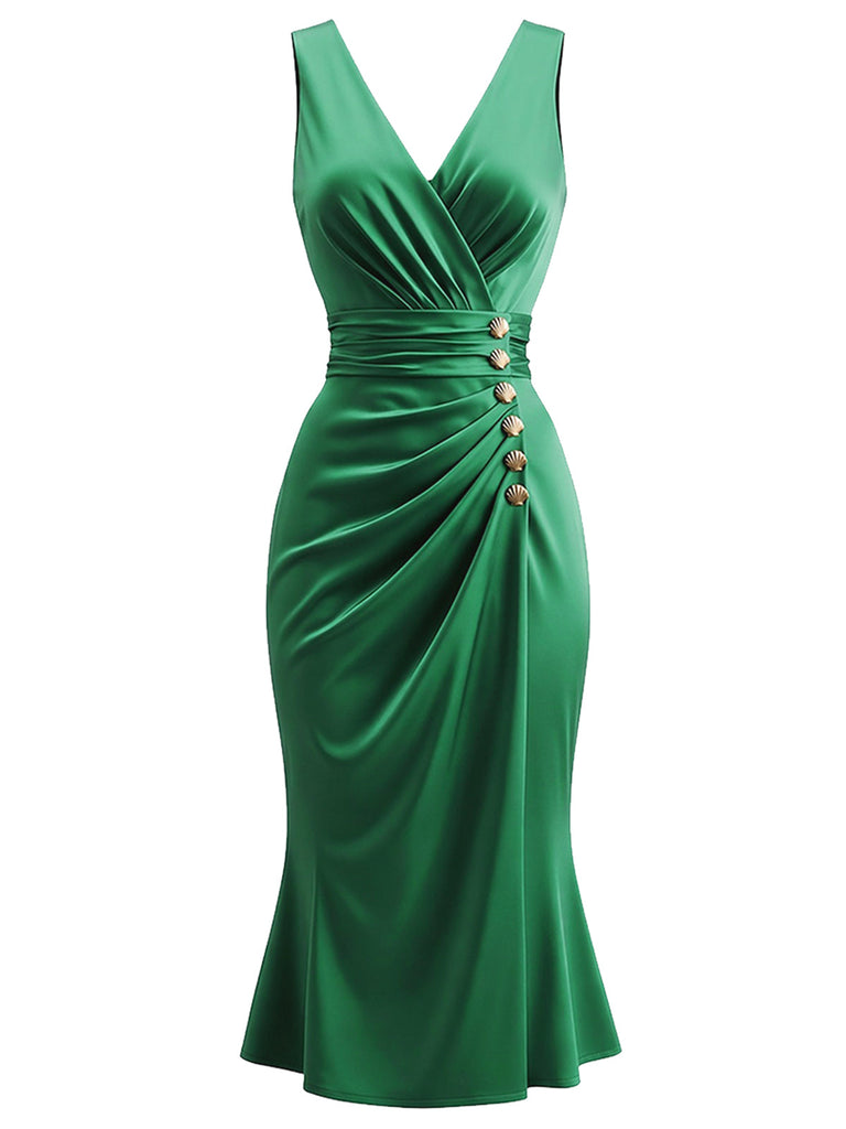 [Prévente] Robe sirène verte en satin froncé à col V Années 1950 - 2