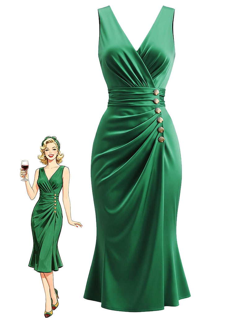 [Prévente] Robe sirène verte en satin froncé à col V Années 1950 - 1