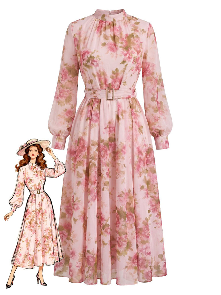 Robe Rose Mousseline Floral Manches Longues Ceinturé Années 1940
