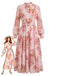 Robe Rose Mousseline Floral Manches Longues Ceinturé Années 1940