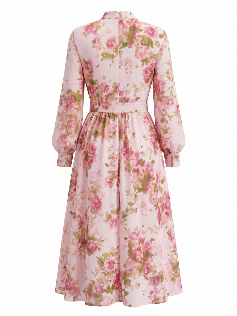Robe Rose Mousseline Floral Manches Longues Ceinturé Années 1940 3