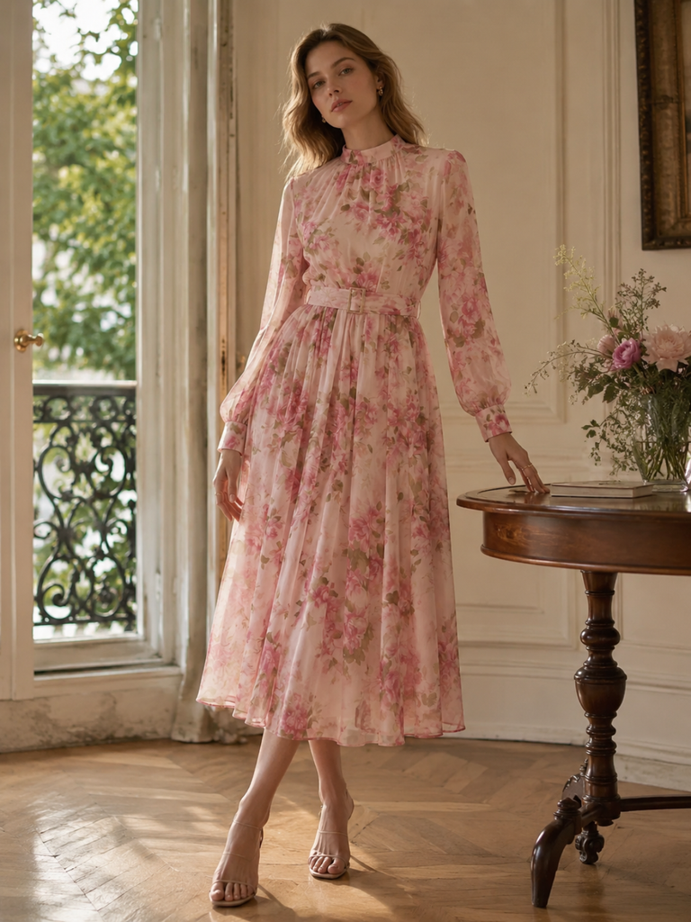 Robe longue rose  mousseline motifs floraux manches longues et ceinture années 1940