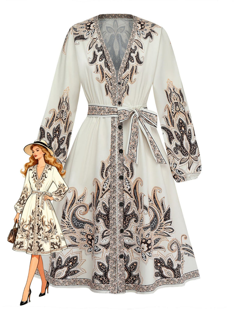 Robe Boho à Imprimé Paisley Col V et Manches Lanternes Années 1970