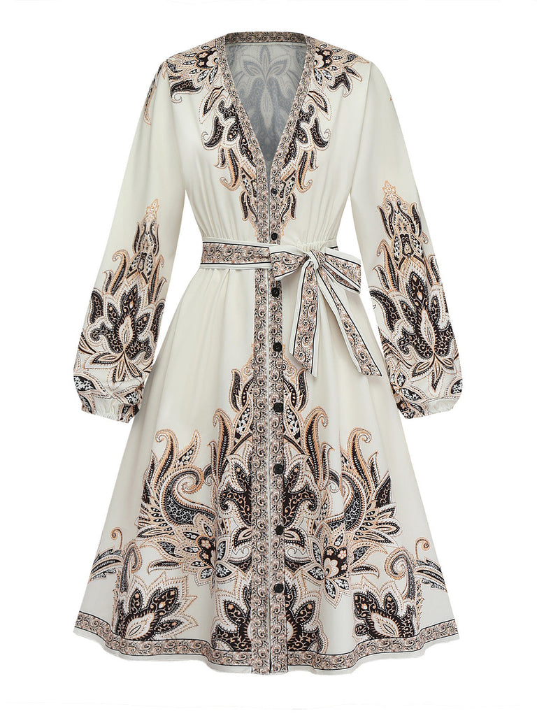 Robe Boho à Imprimé Paisley Col V et Manches Lanternes Années 1970