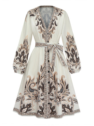 Robe Boho à Imprimé Paisley Col V et Manches Lanternes Années 1970
