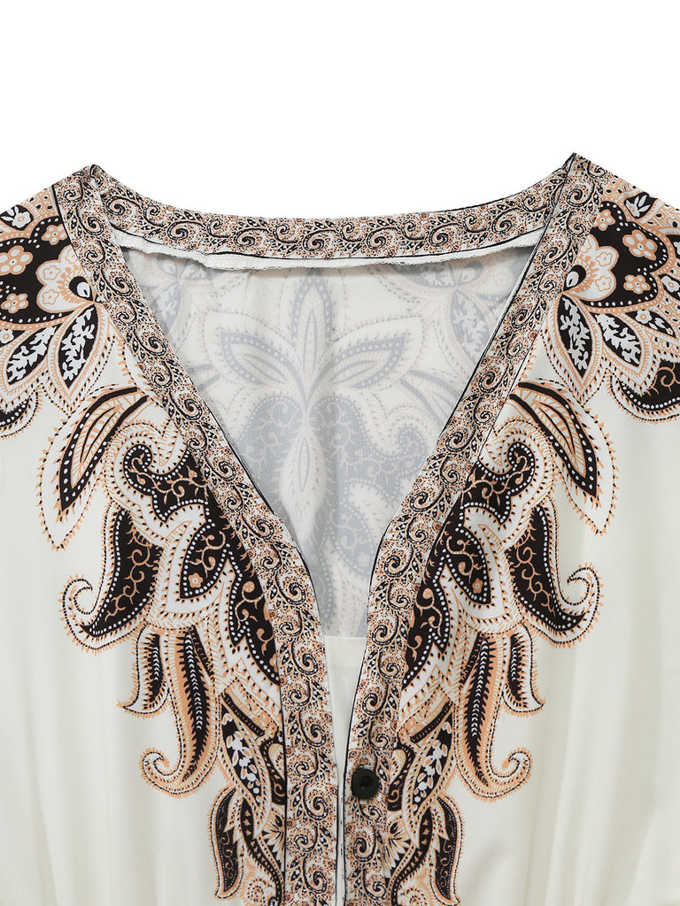 Robe Boho à Imprimé Paisley Col V et Manches Lanternes Années 1970