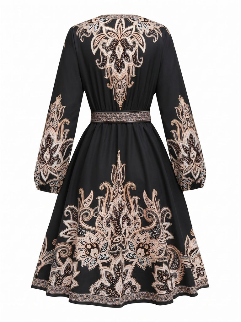Robe Boho à Imprimé Paisley Col V et Manches Lanternes Années 1970