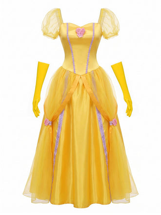 Robe Princesse Jaune Avec Gants Longs Cosplay Belle Années 1970