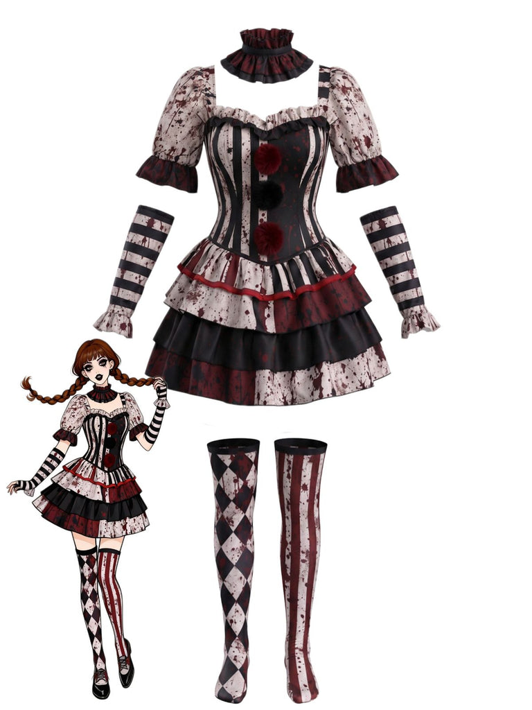 Set Costume Clown à Volants Étagés Ensanglantés Halloween Années 1960
