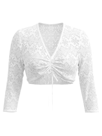 Top Court Froncé en Dentelle à Col V Transparent Blanc Années 1950