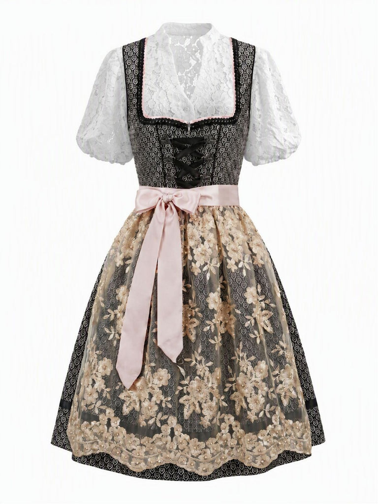 3PCS Robe Noire Col Carré & Tablier Floral & Haut en Dentelle Années 1950
