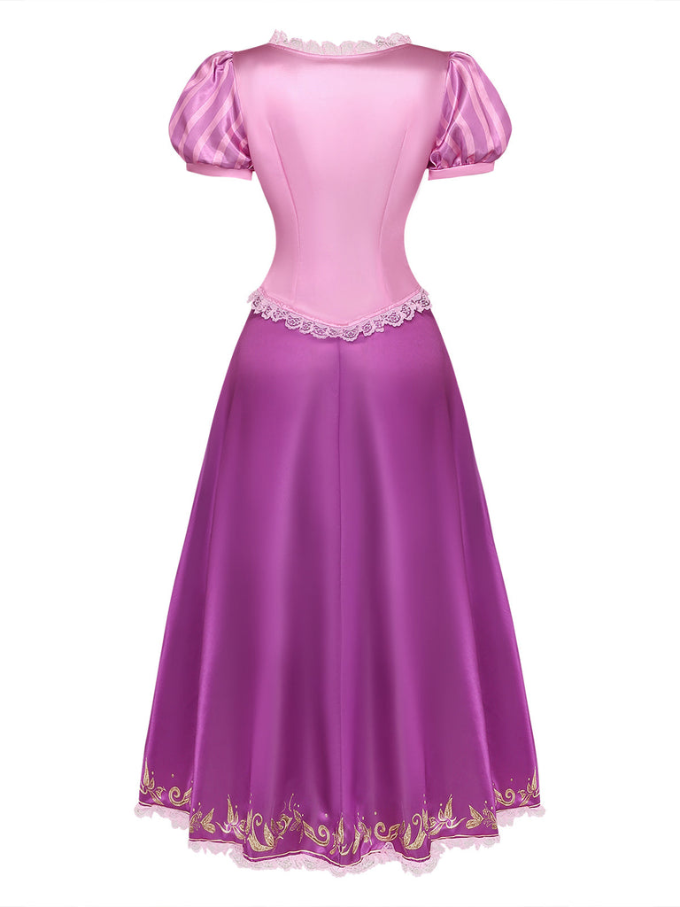 Robe costume féerique rose-violet à laçage et manches bouffantes Années 1950