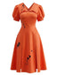 Robe Orange Éclaboussures Manches Bouffantes Années 1950