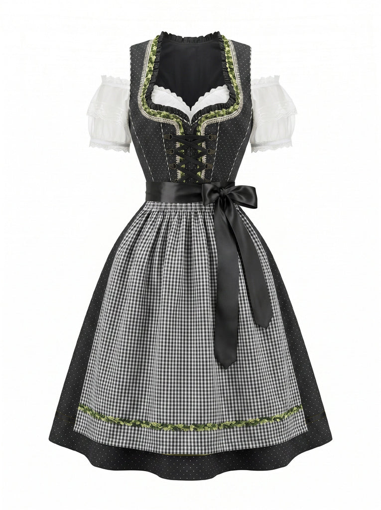 3PCS Robe Coton à Pois & Tablier Vichy & Haut Épaules Dénudées Années 1950