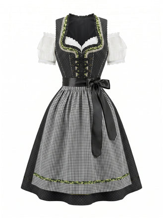 3PCS Robe Coton à Pois & Tablier Vichy & Haut Épaules Dénudées Années 1950