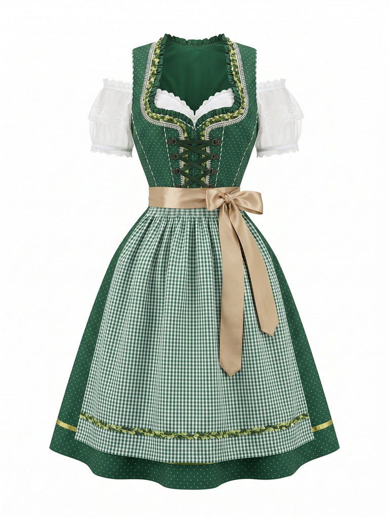 3PCS Robe Coton à Pois & Tablier Vichy & Haut Épaules Dénudées Années 1950 3