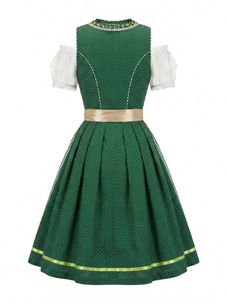 3PCS Robe Coton à Pois & Tablier Vichy & Haut Épaules Dénudées Années 1950 4