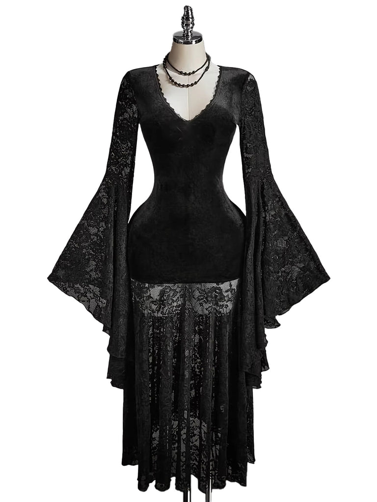 Robe Noire Velours Dentelle Col V Manches Évasées Années 1980