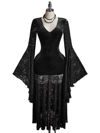 Robe Noire Velours Dentelle Col V Manches Évasées Années 1980