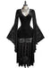 Robe Noire Velours Dentelle Col V Manches Évasées Années 1980