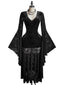 Robe Noire Velours Dentelle Col V Manches Évasées Années 1980