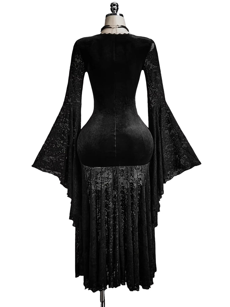 Robe Noire Velours Dentelle Col V Manches Évasées Années 1980 2