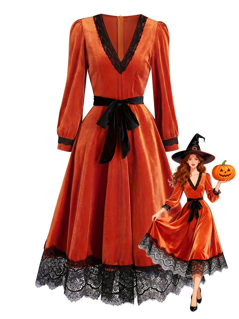 Robe orange en velours à col V plongeant et bordure en dentelle années 1950