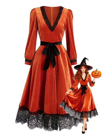 Robe orange en velours à col V plongeant et bordure en dentelle années 1950