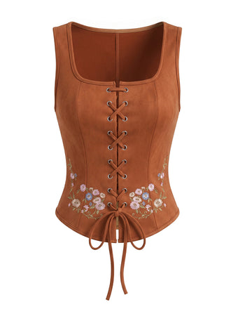 Gilet Corset Boho Marron Broderie Florale Lacé Années 1970
