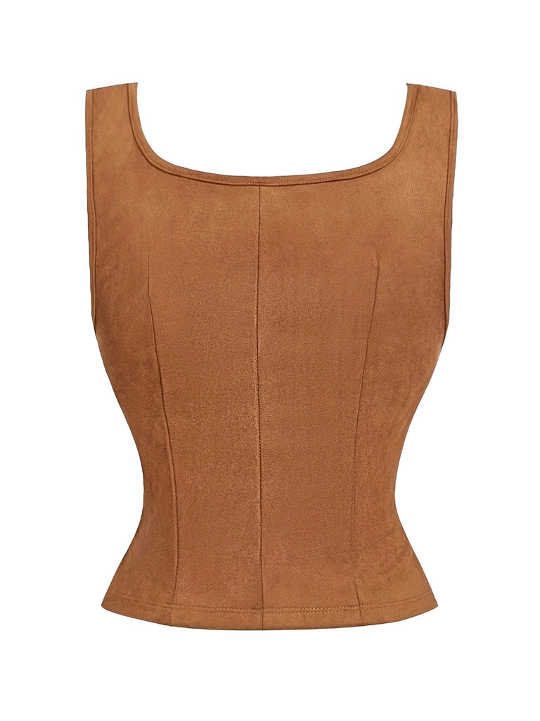 Gilet Corset Boho Marron Broderie Florale Lacé Années 1970 2