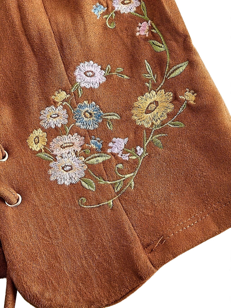 Gilet Corset Boho Marron Broderie Florale Lacé Années 1970 3