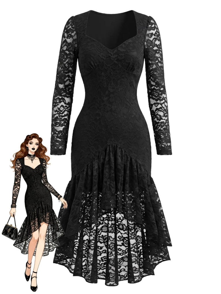 Robe Noir Dentelle Transparent Manche Ourlet Asymétrique Années 1960