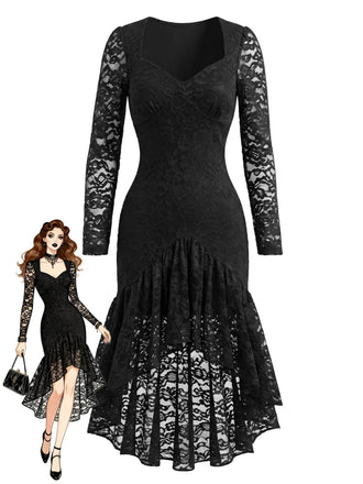 Robe Noir Dentelle Transparent Manche Ourlet Asymétrique Années 1960