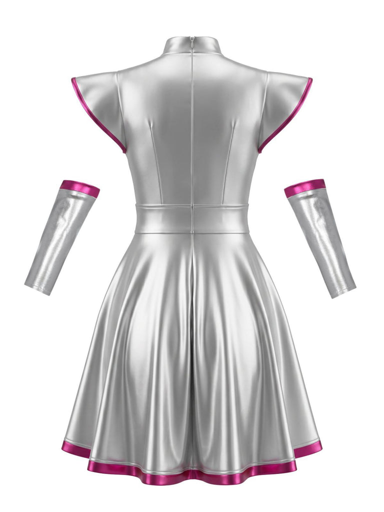 Robe Métallique Argent Fuchsia Avec Brassards Années 1970