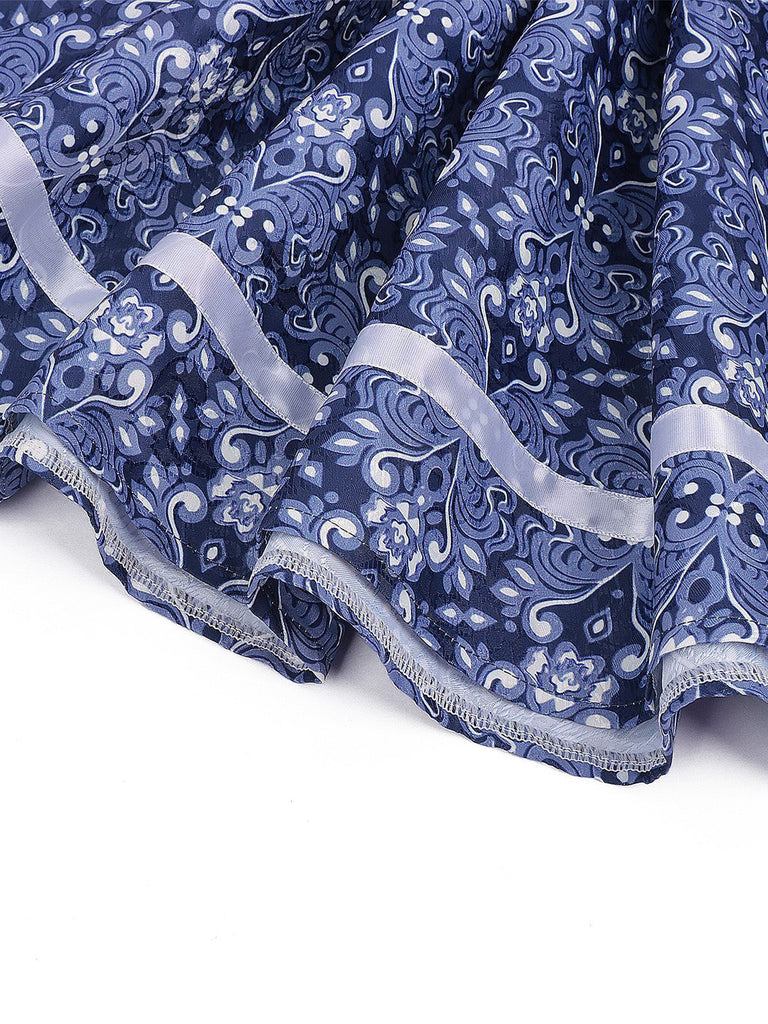 3PCS Robe Florale Bleu Foncé & Tablier Dentelle & Haut Bouffant Années 1950 10