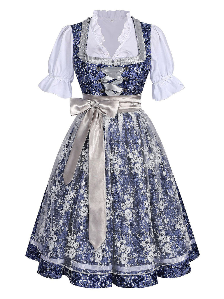 3PCS Robe Florale Bleu Foncé & Tablier Dentelle & Haut Bouffant Années 1950