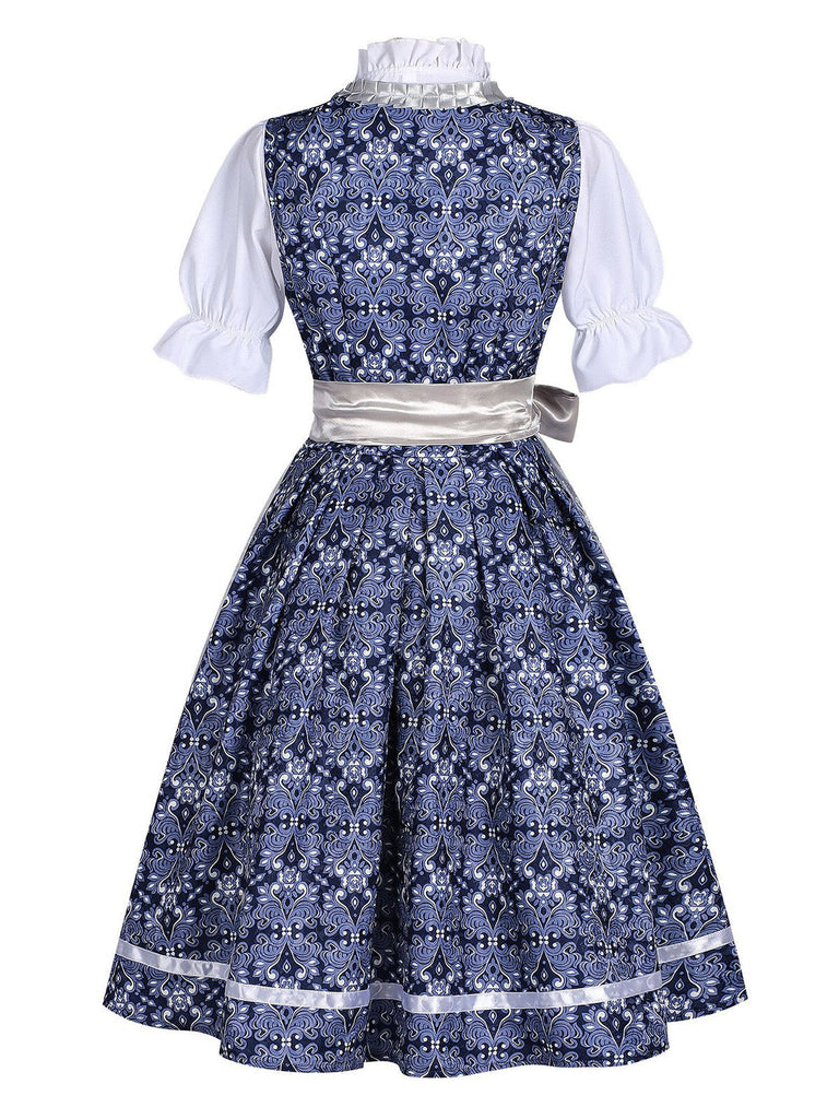 3PCS Robe Florale Bleu Foncé & Tablier Dentelle & Haut Bouffant Années 1950 4