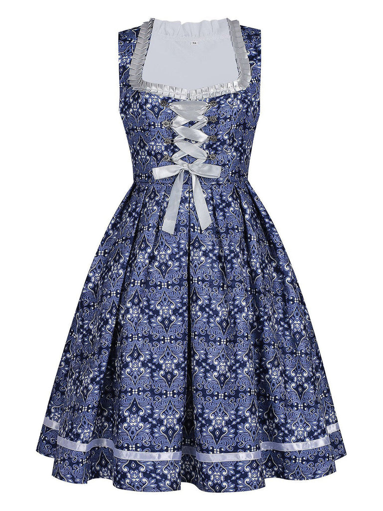 3PCS Robe Florale Bleu Foncé & Tablier Dentelle & Haut Bouffant Années 1950 3