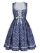 3PCS Robe Florale Bleu Foncé & Tablier Dentelle & Haut Bouffant Années 1950 3