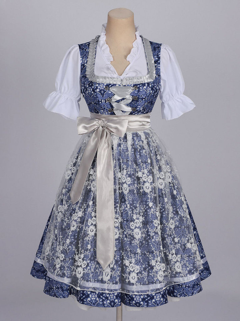 3PCS Robe Florale Bleu Foncé & Tablier Dentelle & Haut Bouffant Années 1950 5