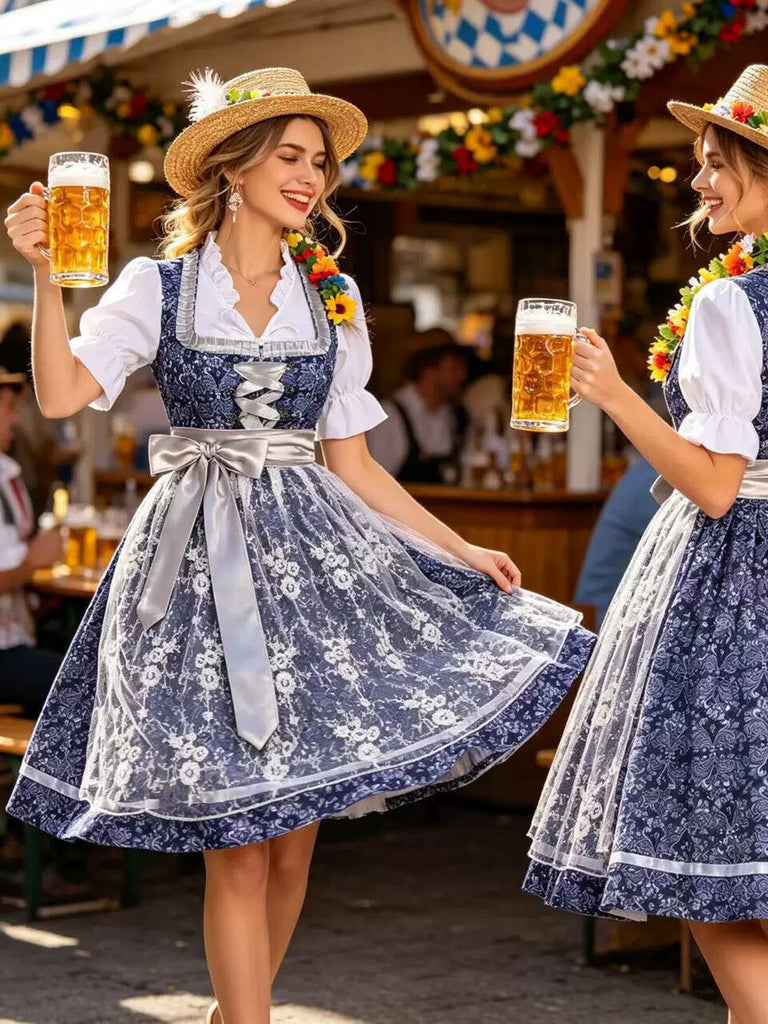 3PCS Robe Florale Bleu Foncé & Tablier Dentelle & Haut Bouffant Années 1950 2