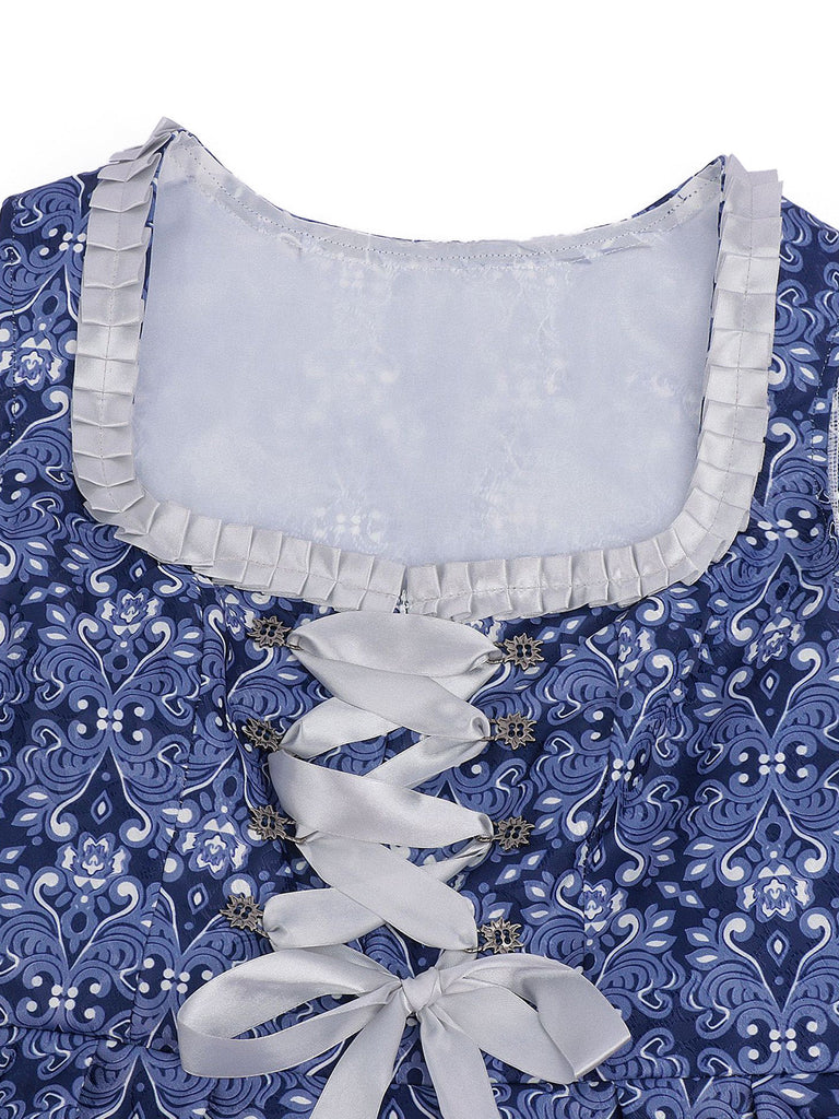 3PCS Robe Florale Bleu Foncé & Tablier Dentelle & Haut Bouffant Années 1950 8