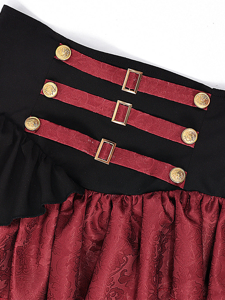 2PCS Lie-de-Vin Off‑Shoulder Top et à Volants Étagés Volant Jupe Années 1950