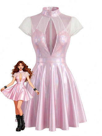 Robe Rose Col V Profond Métallique Laser Mesh Patchwork Années 1960