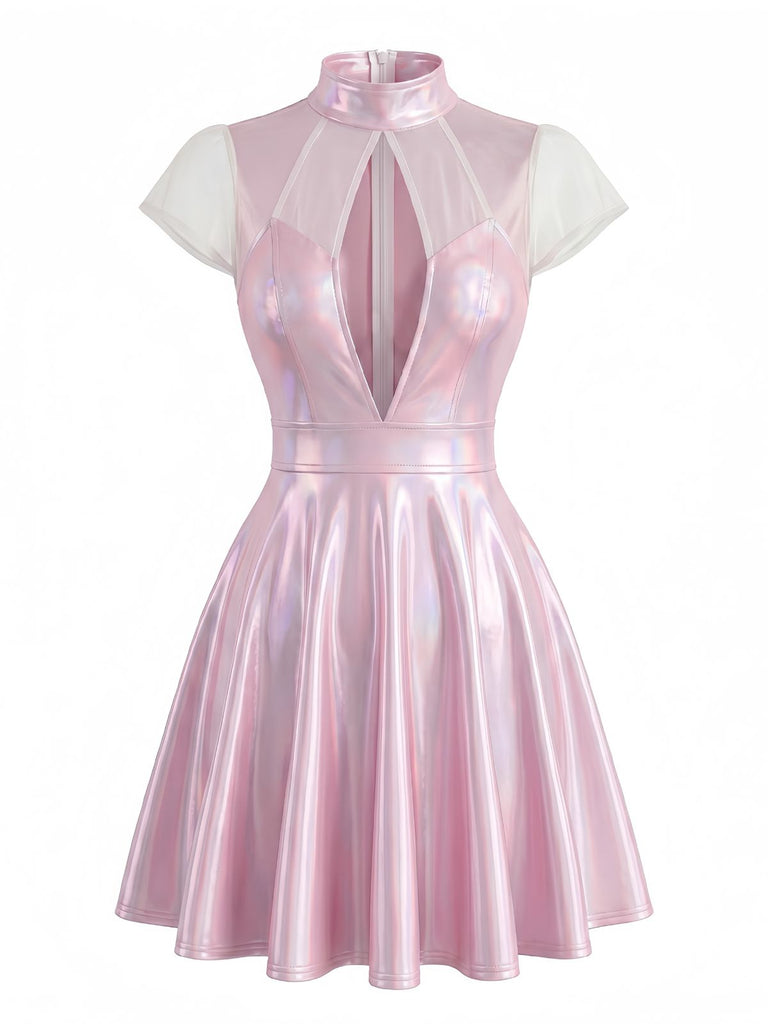 Robe Rose Col V Profond Métallique Laser Mesh Patchwork Années 1960 2
