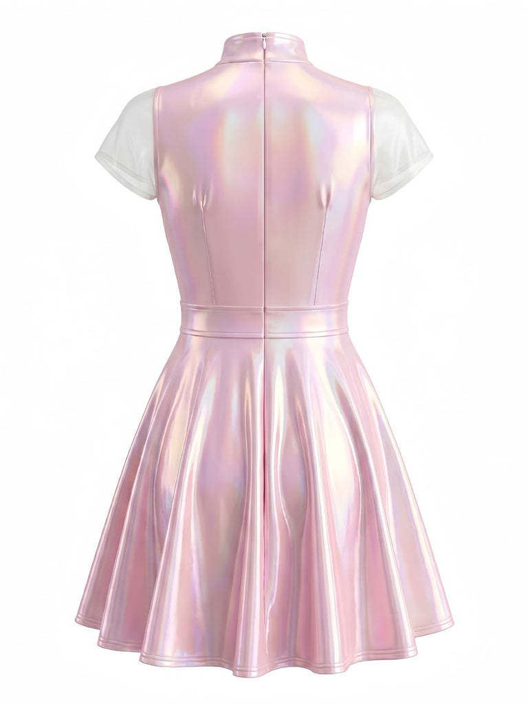 Robe Rose Col V Profond Métallique Laser Mesh Patchwork Années 1960 3